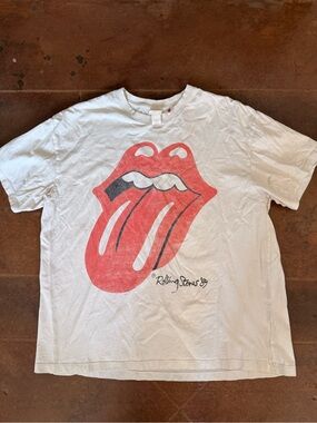 H&M White Tee with Red Rolling Stones Tongue Graphic